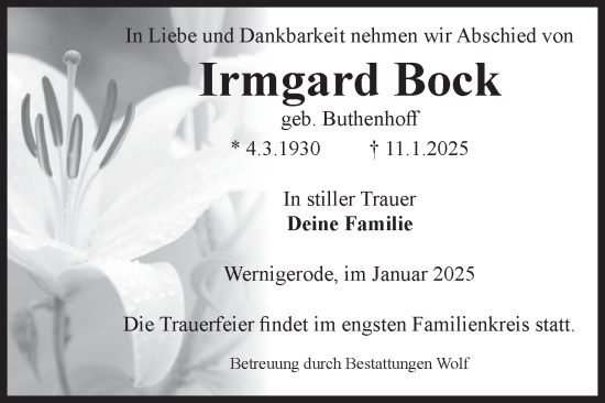 Traueranzeige von Irmgard Bock von Volksstimme Wernigerode