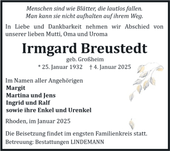 Traueranzeige von Irmgard Breustedt von Volksstimme Halberstadt