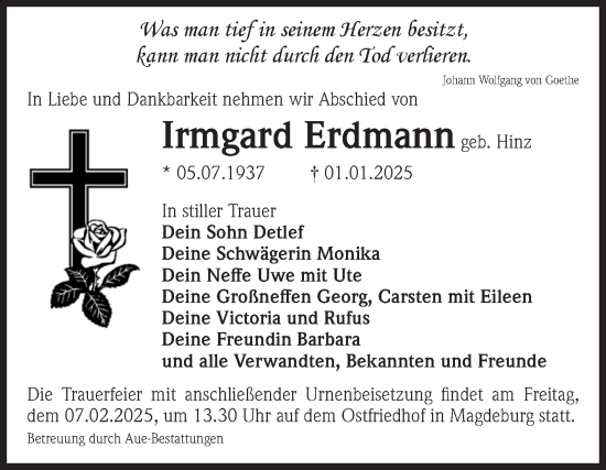 Traueranzeige von Irmgard Erdmann von Volksstimme Magdeburg