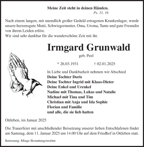 Traueranzeige von Irmgard Grunwald von Volksstimme Oschersleben/Wanzleben