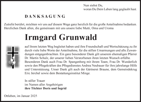Traueranzeige von Irmgard Grunwald von Volksstimme Oschersleben/Wanzleben