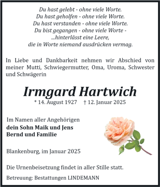 Traueranzeige von Irmgard Hartwich von Volksstimme Wernigerode
