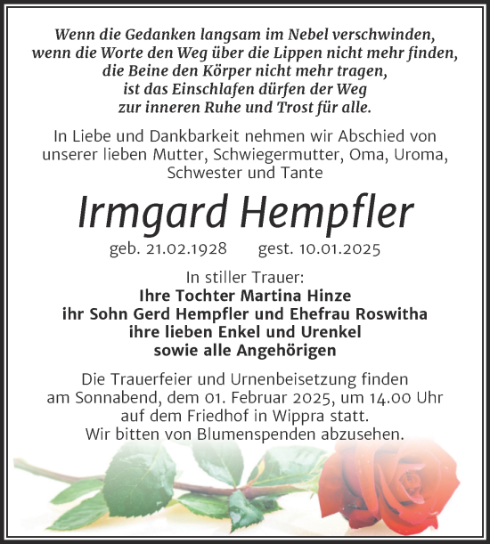 Traueranzeige von Irmgard Hempfler von Trauerkombi Sangerhausen