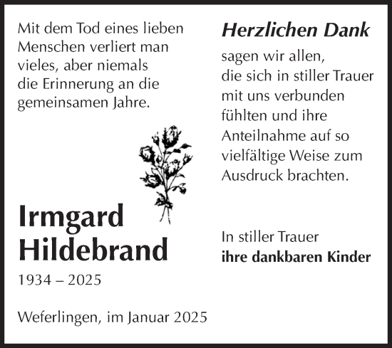 Traueranzeige von Irmgard Hildebrand von Volksstimme Haldensleben/Wolmirstedt
