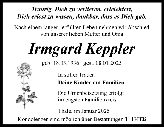 Traueranzeige von Irmgard Keppler von Trauerkombi Quedlinburg