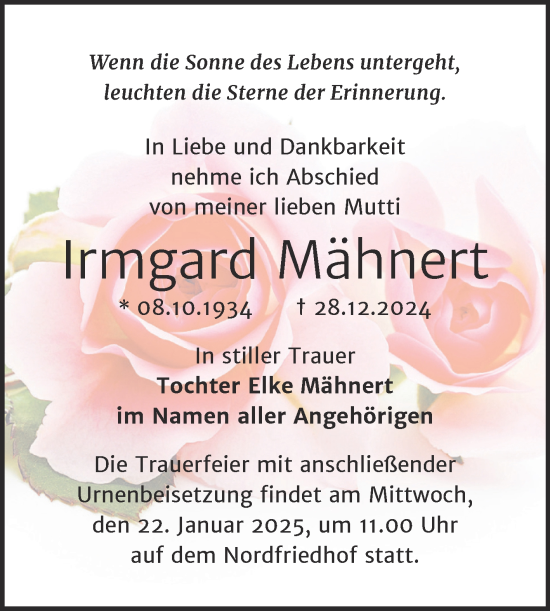 Traueranzeige von Irmgard Mähnert von Mitteldeutsche Zeitung Halle/Saalkreis