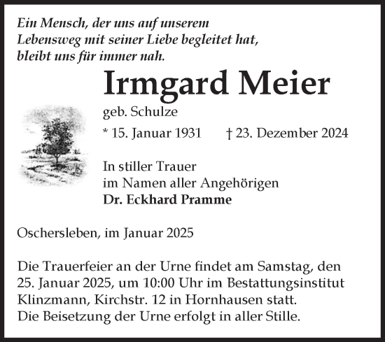 Traueranzeige von Irmgard Meier von Volksstimme Oschersleben/Wanzleben