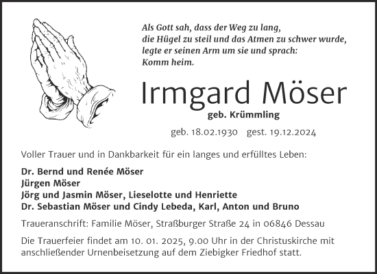 Traueranzeige von Irmgard Möser von Trauerkombi Dessau
