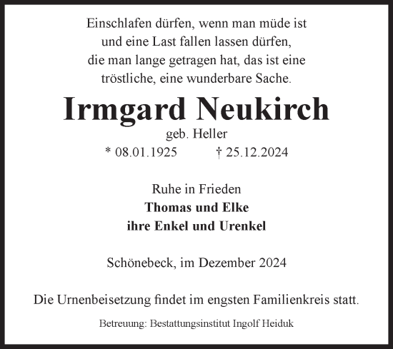 Traueranzeige von Irmgard Neukirch von Volksstimme Schönebeck