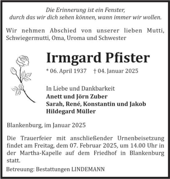 Traueranzeige von Irmgard Pfister von Volksstimme Wernigerode