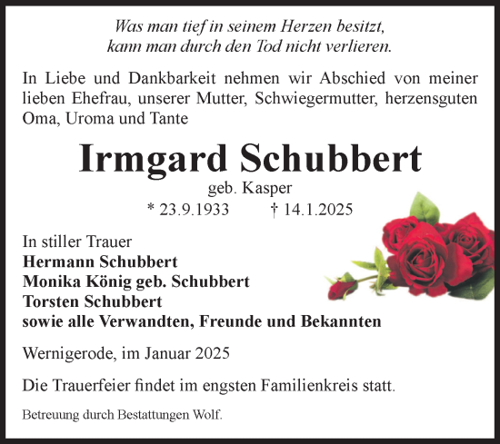 Traueranzeige von Irmgard Schubbert von Volksstimme Wernigerode
