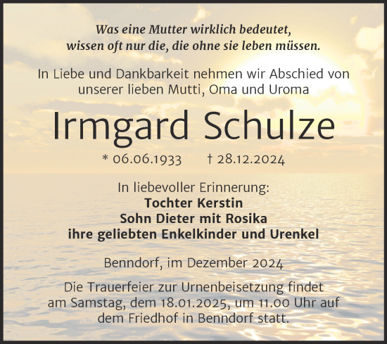 Traueranzeige von Irmgard Schulze von Trauerkombi Mansfelder Land