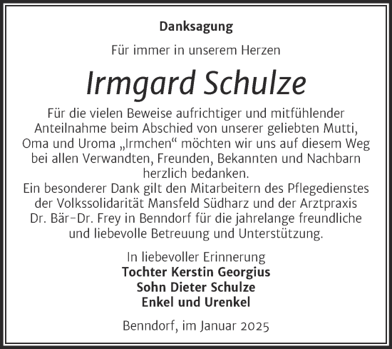 Traueranzeige von Irmgard Schulze von Trauerkombi Mansfelder Land