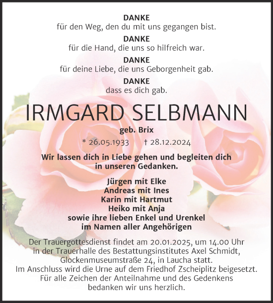 Traueranzeige von Irmgard Selbmann von Super Sonntag Naumburg/Nebra