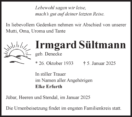 Traueranzeige von Irmgard Sültmann von Volksstimme Altmark West