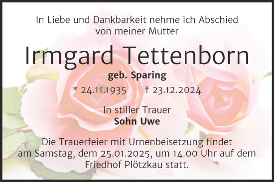Traueranzeige von Irmgard Tettenborn von Trauerkombi Bernburg