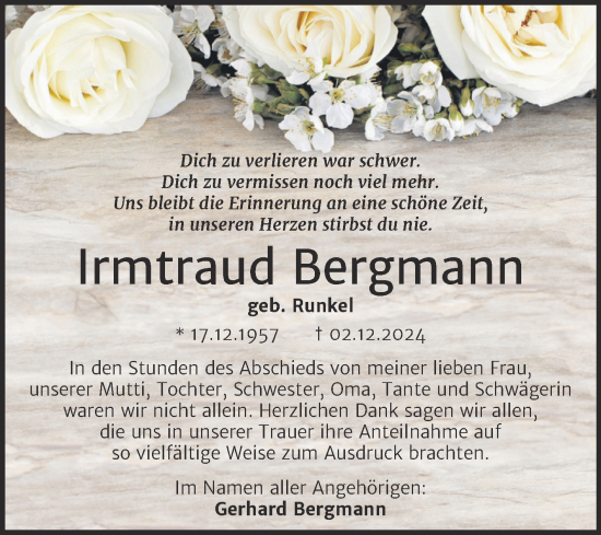 Traueranzeige von Irmtraud Bergmann von Trauerkombi Merseburg
