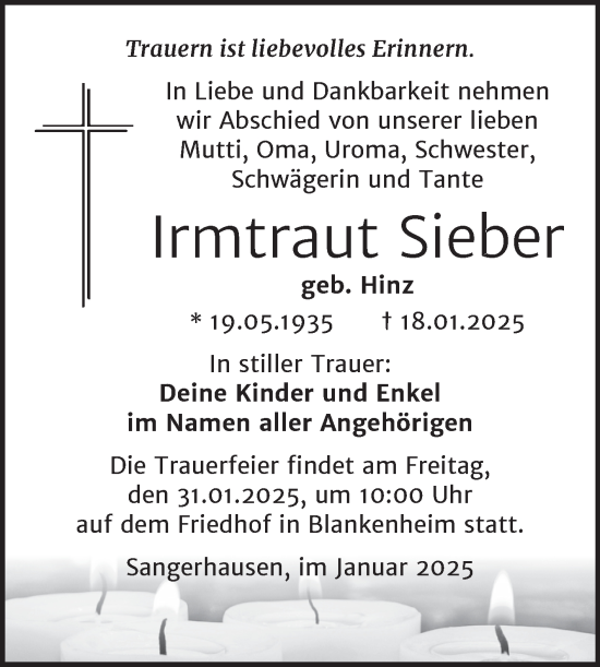 Traueranzeige von Irmtraut Sieber von Trauerkombi Sangerhausen