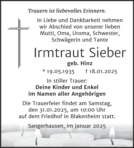 Traueranzeige von Irmtraut Sieber von Trauerkombi Sangerhausen
