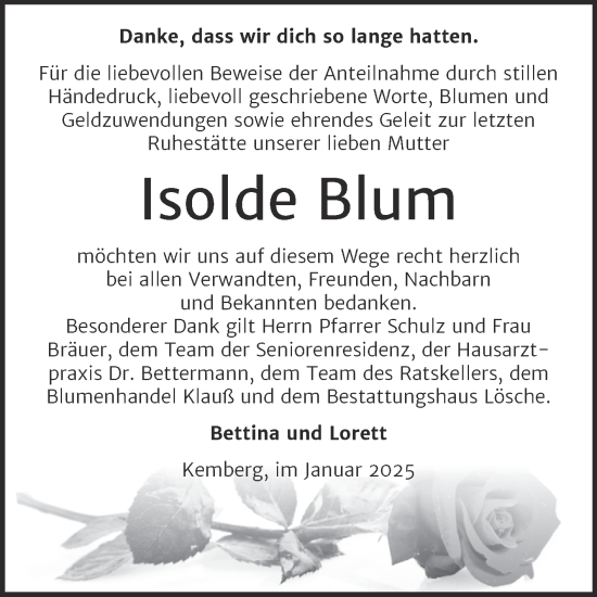 Traueranzeige von Isolde Blum von Trauerkombi Wittenberg