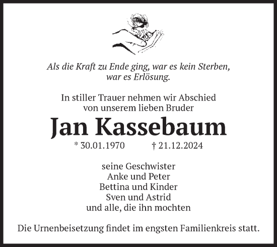 Traueranzeige von Jan Kassebaum von Volksstimme Magdeburg