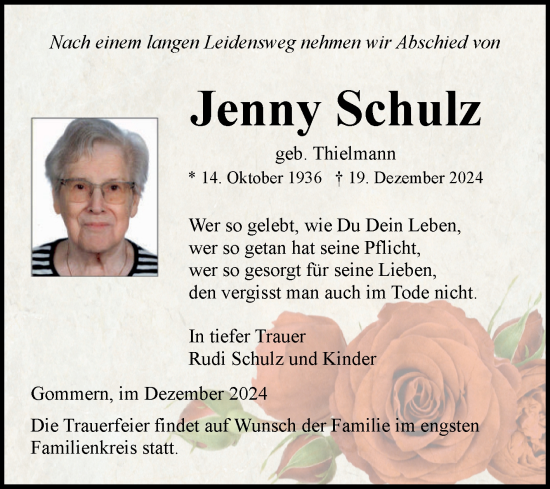 Traueranzeige von Jenny Schulz von Volksstimme Burg/Genthin