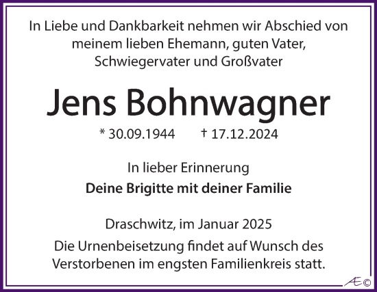 Traueranzeige von Jens Bohnwagner von Trauerkombi Zeitz