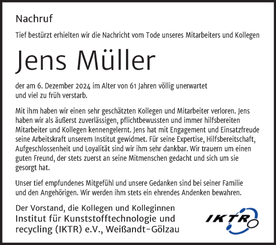 Traueranzeige von Jens Müller von Trauerkombi Köthen