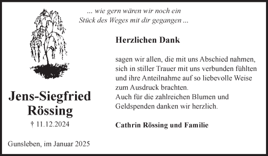 Traueranzeige von Jens-Siegfried Rössing von Volksstimme Oschersleben/Wanzleben