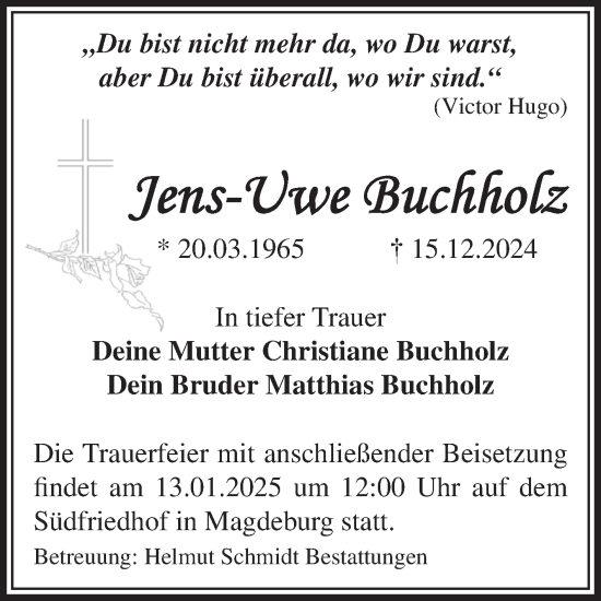 Traueranzeige von Jens-Uwe Buchholz von Volksstimme Magdeburg