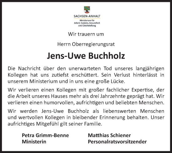 Traueranzeige von Jens-Uwe Buchholz 