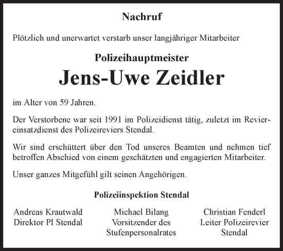 Traueranzeige von Jens-Uwe Zeidler von Volksstimme Altmark Ost
