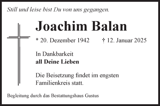 Traueranzeige von Joachim Balan von Volksstimme Halberstadt
