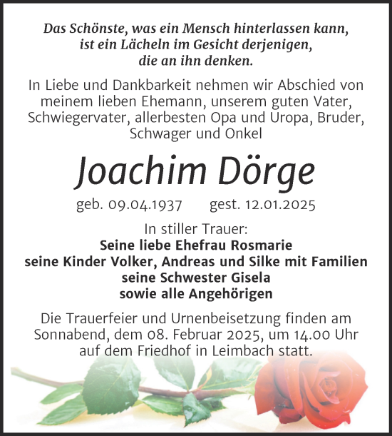 Traueranzeige von Joachim Dörge von Trauerkombi Mansfelder Land