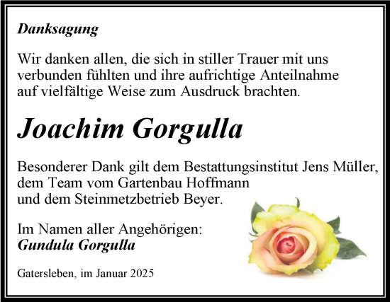 Traueranzeige von Joachim Gorgulla von Trauerkombi Aschersleben