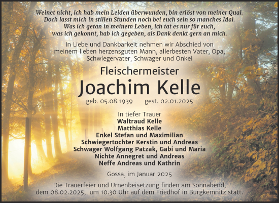 Traueranzeige von Joachim Kelle von Trauerkombi Bitterfeld