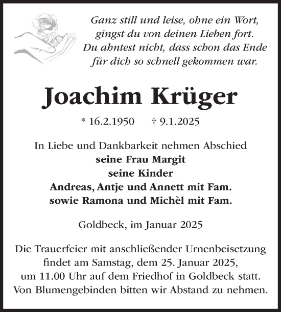 Traueranzeige von Joachim Krüger von Volksstimme Altmark Ost