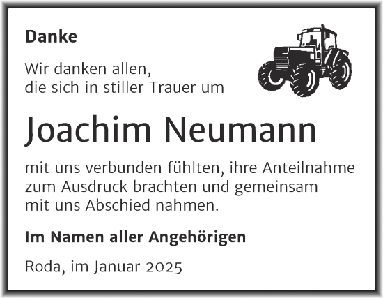 Traueranzeige von Joachim Neumann von Trauerkombi Mansfelder Land