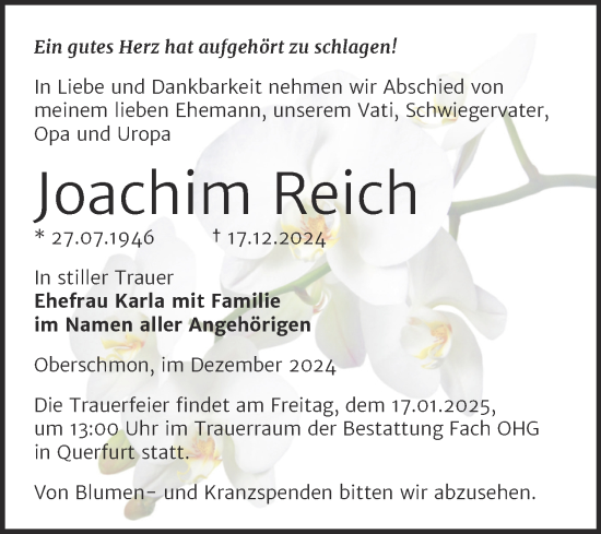 Traueranzeige von Joachim Reich von Trauerkombi Merseburg