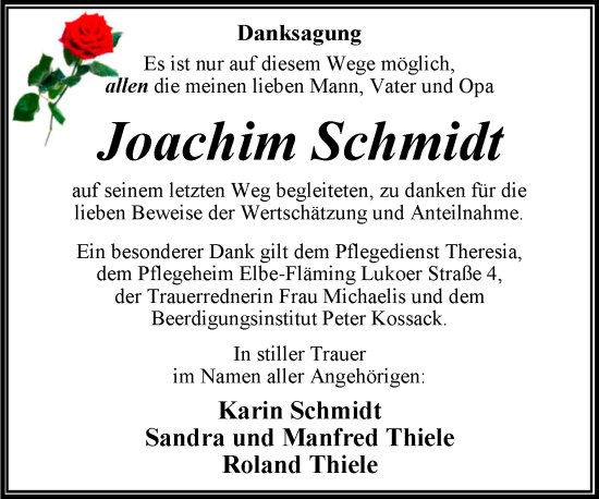 Traueranzeige von Joachim Schmidt von Trauerkombi Dessau