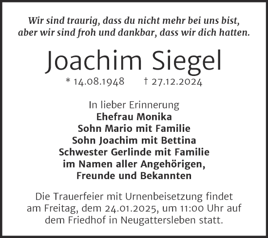 Traueranzeige von Joachim Siegel von Trauerkombi Bernburg