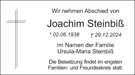 Traueranzeige von Joachim Steinbiß von Trauerkombi Dessau