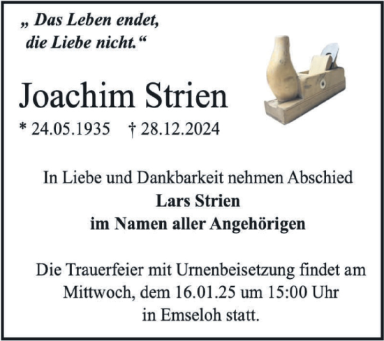 Traueranzeige von Joachim Strien von Trauerkombi Sangerhausen