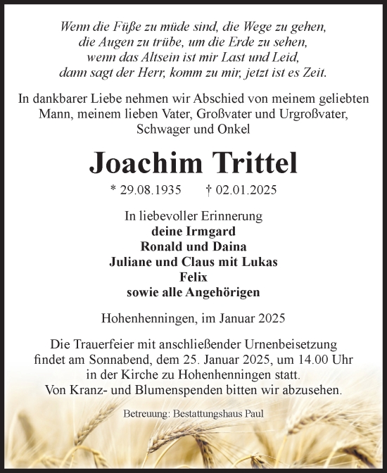 Traueranzeige von Joachim Trittel von Volksstimme Altmark West