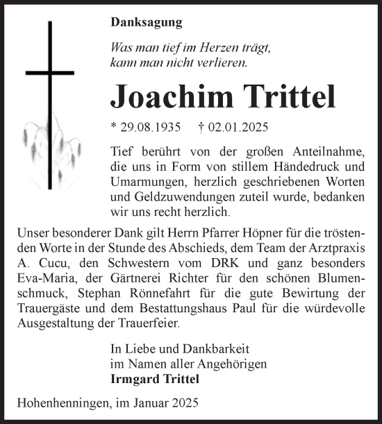 Traueranzeige von Joachim Trittel von Volksstimme Altmark West