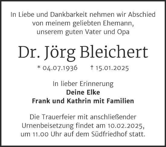 Traueranzeige von Jörg Bleichert von Mitteldeutsche Zeitung Halle/Saalkreis