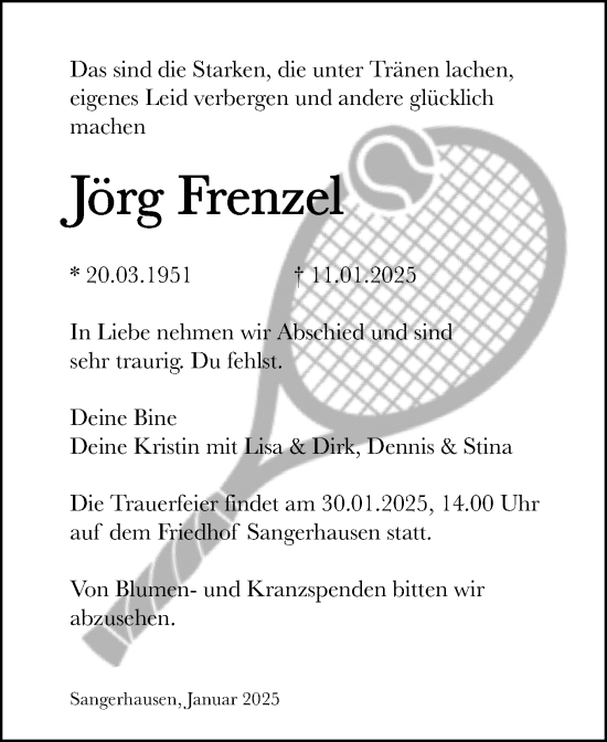 Traueranzeige von Jörg Frenzel von Trauerkombi Sangerhausen
