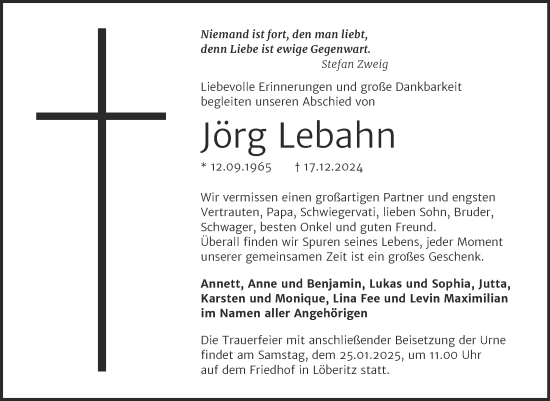 Traueranzeige von Jörg Lebahn von Trauerkombi Bitterfeld