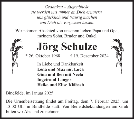 Traueranzeige von Jörg Schulze von Volksstimme Altmark Ost