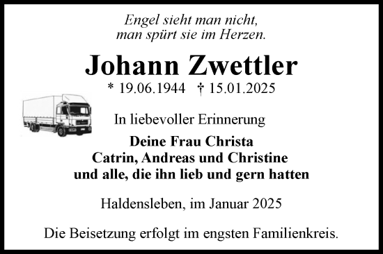 Traueranzeige von Johann Zwettler von Volksstimme Haldensleben/Wolmirstedt